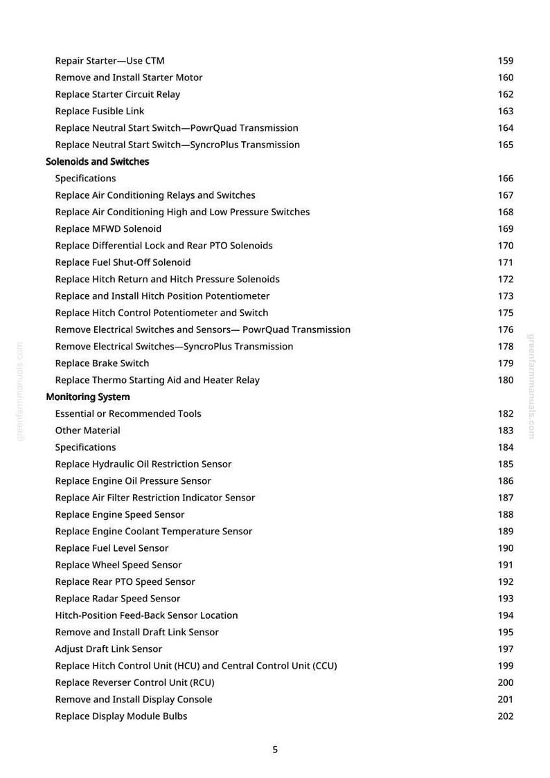 May include: A page from a manual with a list of tractor repair and maintenance procedures. The text includes items like "Replace Engine Oil Pressure Sensor" and "Replace Fuel Level Sensor."