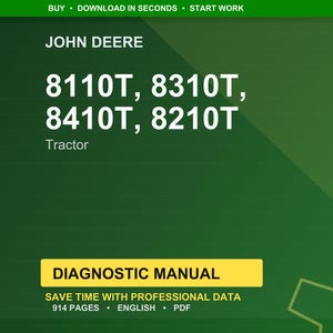 Op de afbeelding: Een groene achtergrond met de tekst "JOHN DEERE" en de tractormodelnummers 8110T, 8310T, 8410T en 8210T in het wit. Daaronder staat een gele rechthoek met de woorden "DIAGNOSTIC MANUAL".