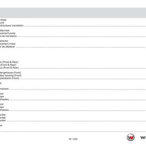 May include: A white page with a table of contents in German, English, and French. The table lists various mechanical components, including drive units, pumps, and axles. The Weidemann logo is at the bottom.