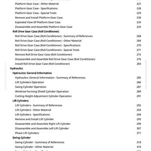 May include: A detailed table of contents from a manual, featuring sections on gear cases, hydraulics, and lift cylinders. The text is in black on a white background, with page numbers on the right.
