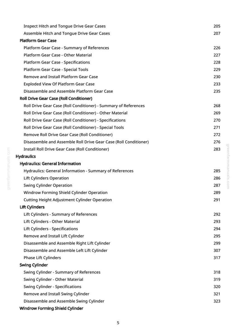 May include: A detailed table of contents from a manual, featuring sections on gear cases, hydraulics, and lift cylinders. The text is in black on a white background, with page numbers on the right.
