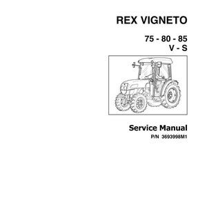 Puede incluir: Una p&aacute;gina blanca con el texto "REX VIGNETO 75-80-85 V-S" y un dibujo lineal de un tractor. Debajo del dibujo est&aacute; el texto "Service Manual" y el n&uacute;mero de pieza "P/N 3693998M1".
