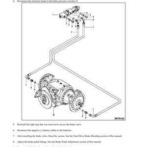 May include: Diagram of a brake valve assembly with connecting hoses and electrical leads. The image includes labels and numbers for each component, with the text "DISASSEMBLY AND ASSEMBLY" and "BRAKE VALVE" at the top. The diagram is a technical illustration.