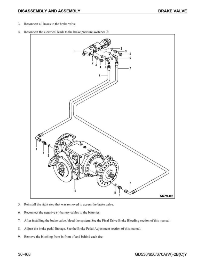 May include: Diagram of a brake valve assembly with connecting hoses and electrical leads. The image includes labels and numbers for each component, with the text "DISASSEMBLY AND ASSEMBLY" and "BRAKE VALVE" at the top. The diagram is a technical illustration.
