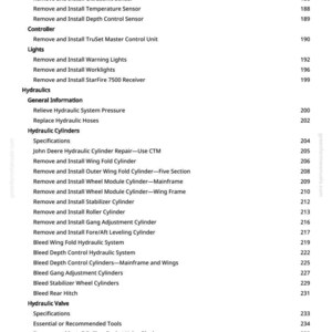 May include: A page from a manual with a table of contents. The text lists various procedures for sensors, lights, hydraulics, and hydraulic valves. Page numbers are listed on the right.