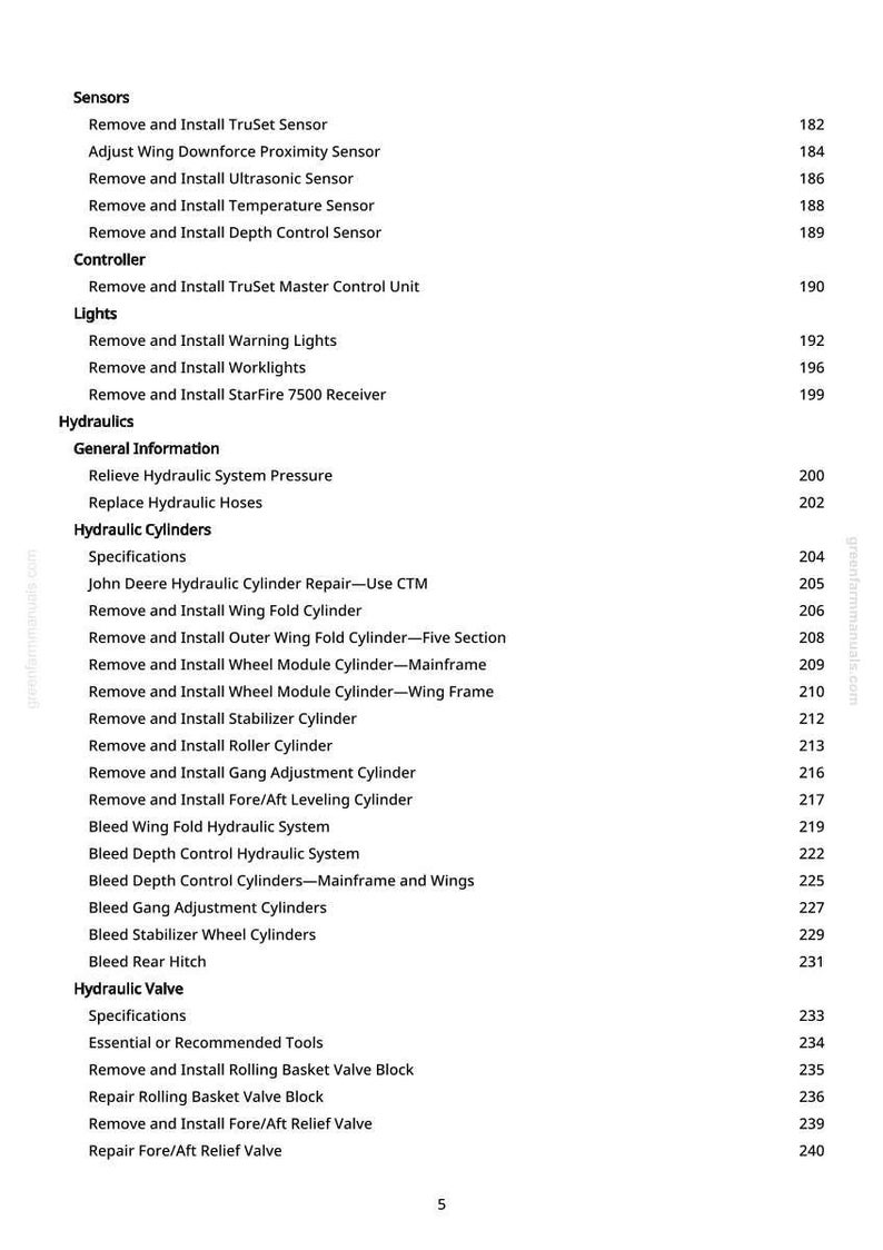 May include: A page from a manual with a table of contents. The text lists various procedures for sensors, lights, hydraulics, and hydraulic valves. Page numbers are listed on the right.