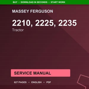 Puede incluir: Manual de servicio digital para tractores Massey Ferguson, modelos 2210, 2225 y 2235. La portada es de color rojo oscuro con texto blanco, incluyendo las palabras "SERVICE MANUAL" en un rect&aacute;ngulo rosa. El manual tiene 627 p&aacute;ginas.