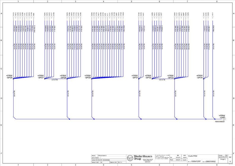 Puede incluir: Dibujo t&eacute;cnico con l&iacute;neas azules y texto. L&iacute;neas verticales conectadas a l&iacute;neas horizontales, etiquetadas con c&oacute;digos como +FRW y SP26. La esquina inferior derecha muestra un logotipo de la empresa y detalles del documento.
