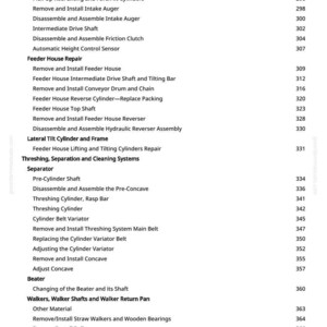 K&ouml;nnte beinhalten: Eine wei&szlig;e Seite mit einem detaillierten Inhaltsverzeichnis f&uuml;r ein Reparaturhandbuch f&uuml;r Maschinen. Der Text ist in Abschnitte wie "Schneidplattform", "Feeder House Repair" und "Dresch-, Trenn- und Reinigungssysteme" unterteilt.