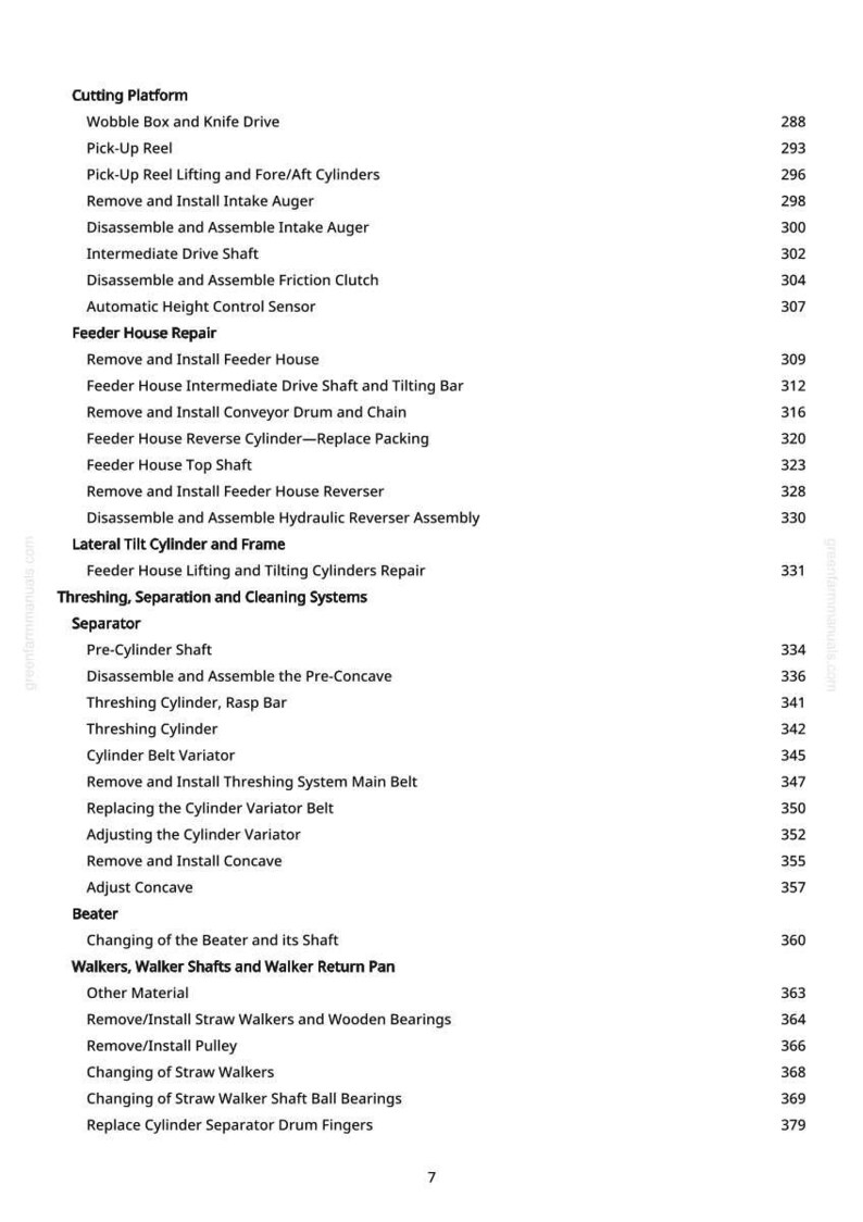K&ouml;nnte beinhalten: Eine wei&szlig;e Seite mit einem detaillierten Inhaltsverzeichnis f&uuml;r ein Reparaturhandbuch f&uuml;r Maschinen. Der Text ist in Abschnitte wie "Schneidplattform", "Feeder House Repair" und "Dresch-, Trenn- und Reinigungssysteme" unterteilt.
