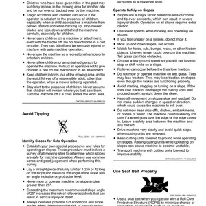 May include: A safety manual page with text and illustrations. Topics include avoiding tipping, safe operation on slopes, and seat belt use. The page provides safety guidelines for operating machinery, emphasizing caution and awareness.