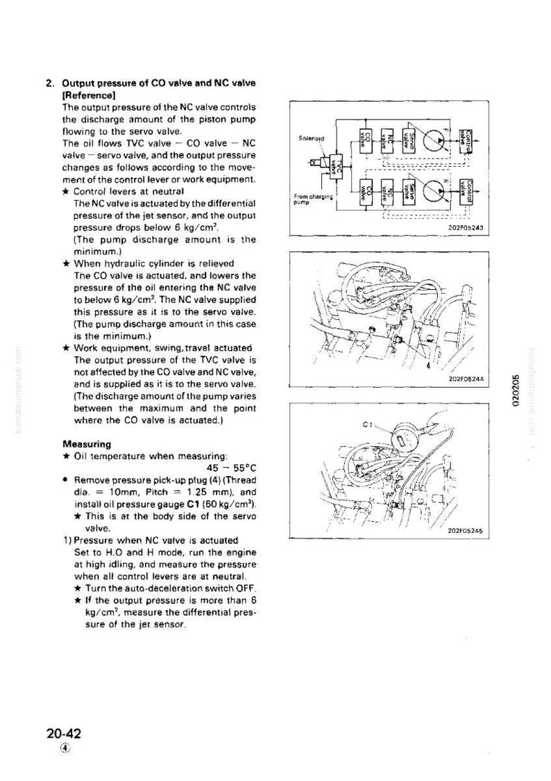 May include: Diagrams and technical text detailing the output pressure of CO and NC valves, including a schematic of a solenoid and pump system. Includes measurements in kg/cm&sup2; and Celsius.