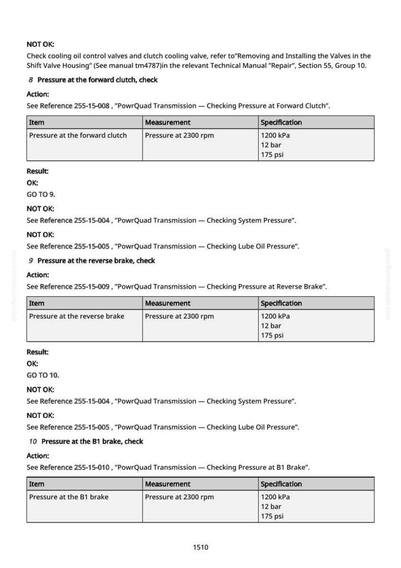 May include: A technical document with text and tables detailing pressure checks for a PowrQuad transmission. The document includes specifications in kPa, bar, and psi, with references to other manuals.