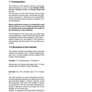 May include: A white manual page with the title "Sect. 1 - Reading the manual" and the introduction section. The manual provides instructions for repairing Atlantis and Ghibli tractors. The text includes examples and safety warnings.