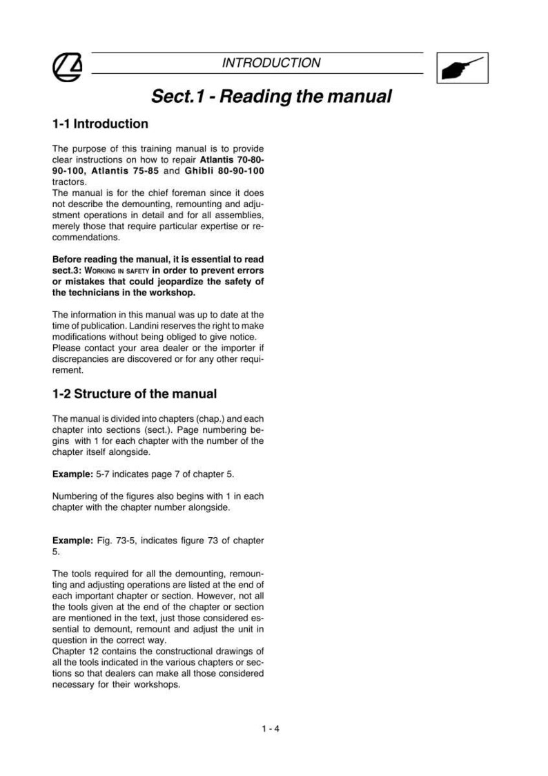 May include: A white manual page with the title "Sect. 1 - Reading the manual" and the introduction section. The manual provides instructions for repairing Atlantis and Ghibli tractors. The text includes examples and safety warnings.