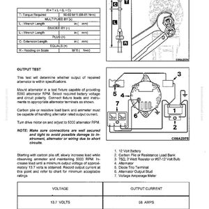 K&ouml;nnte beinhalten: Technisches Diagramm eines Lichtmaschinentests, mit Beschriftungen f&uuml;r Komponenten wie 12-Volt-Batterie und Voltmeter. Enth&auml;lt eine Drehmomenttabelle und eine Schraubenschl&uuml;ssel-Illustration.