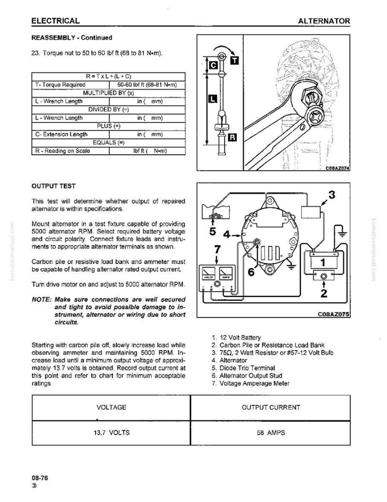 K&ouml;nnte beinhalten: Technisches Diagramm eines Lichtmaschinentests, mit Beschriftungen f&uuml;r Komponenten wie 12-Volt-Batterie und Voltmeter. Enth&auml;lt eine Drehmomenttabelle und eine Schraubenschl&uuml;ssel-Illustration.