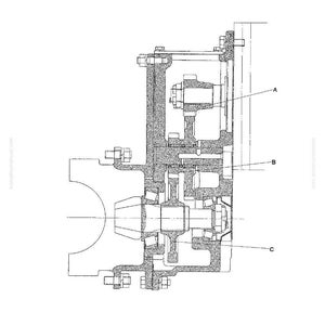 May include: Detailed technical diagram of a power train system, featuring cross-sectional views of mechanical components. The diagram is labeled with letters A, B, and C, and includes the text "POWER TRAIN". The diagram is in black and white.