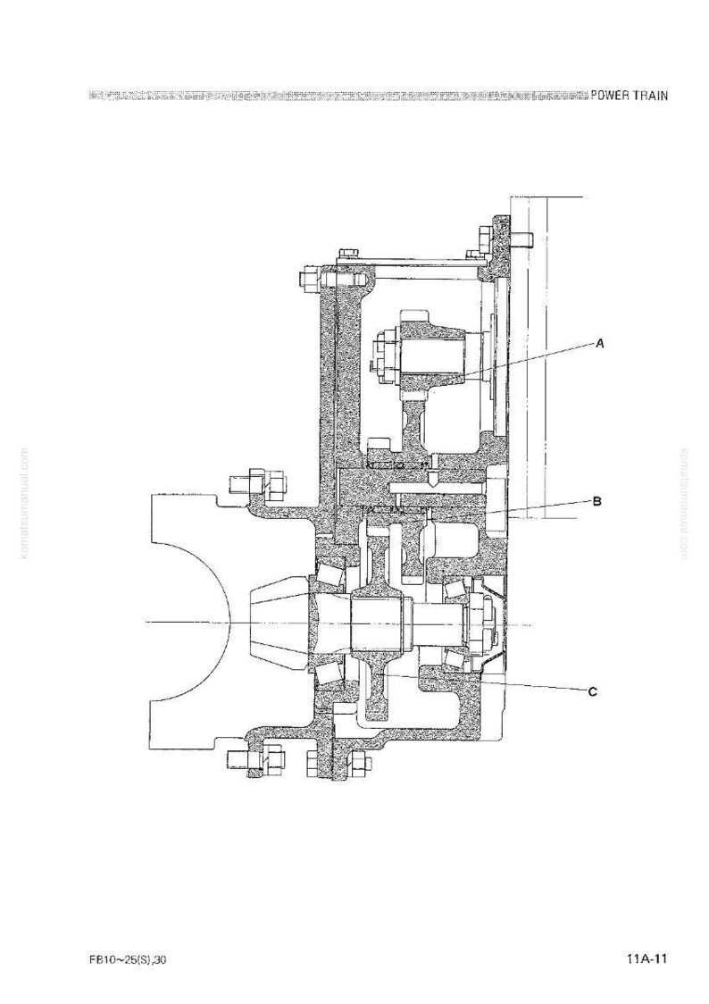 May include: Detailed technical diagram of a power train system, featuring cross-sectional views of mechanical components. The diagram is labeled with letters A, B, and C, and includes the text "POWER TRAIN". The diagram is in black and white.