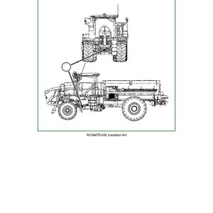 May include: A technical illustration of a tractor and a large vehicle, possibly a truck, with wheels. The image includes the text "P4 - Transmission Supply - Clutch Engage Pump" and "N124479-UN: Location Art".