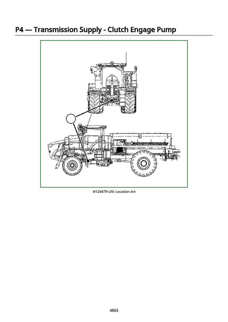 May include: A technical illustration of a tractor and a large vehicle, possibly a truck, with wheels. The image includes the text "P4 - Transmission Supply - Clutch Engage Pump" and "N124479-UN: Location Art".