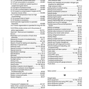 May include: A page from a Komatsu PC240LC-10 manual, featuring an index of troubleshooting topics and specifications. The text is black on a white background, with headings and page numbers. The manual covers topics like engine oil, fuel, and sensor issues.