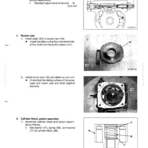 May include: Technical diagram with illustrations of engine components. Includes diagrams of a rocker cam, cylinder block, and piston assembly. Text includes instructions and measurements in millimeters.