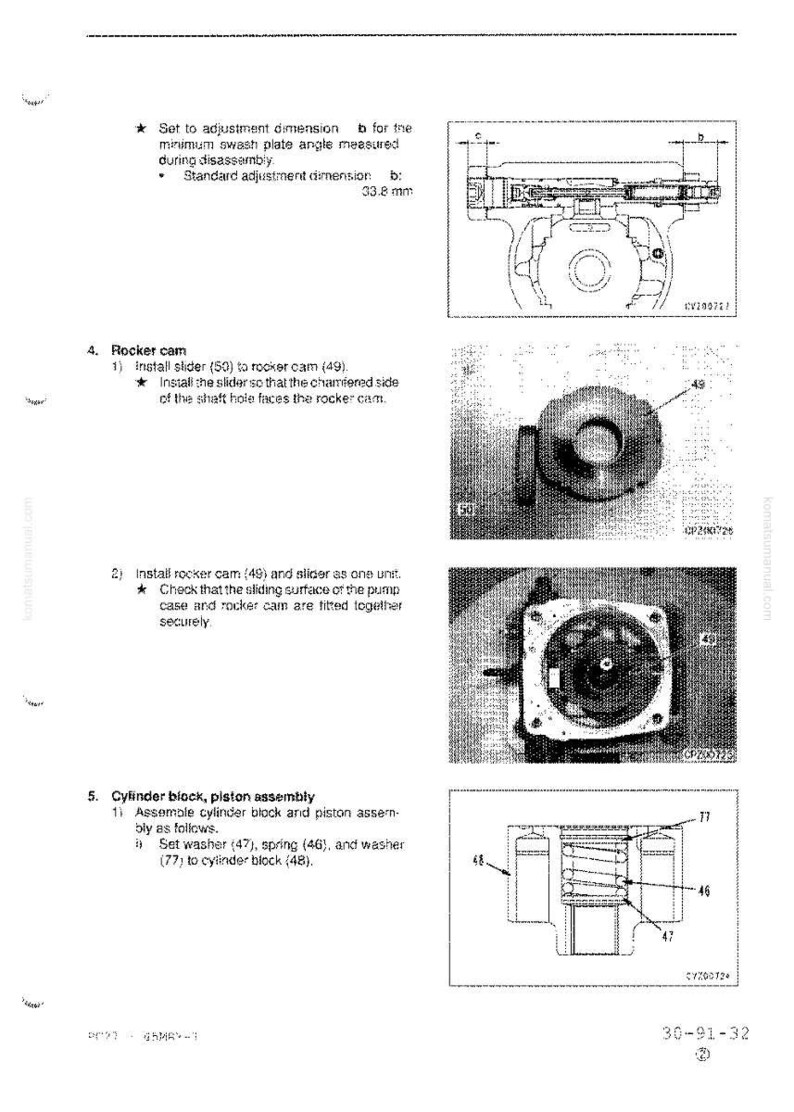 May include: Technical diagram with illustrations of engine components. Includes diagrams of a rocker cam, cylinder block, and piston assembly. Text includes instructions and measurements in millimeters.