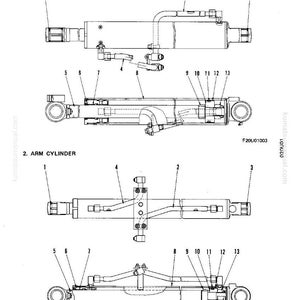 Pode incluir: Diagrama t&eacute;cnico de cilindros hidr&aacute;ulicos, incluindo um cilindro de lan&ccedil;a e um cilindro de bra&ccedil;o. A imagem &eacute; uma ilustra&ccedil;&atilde;o t&eacute;cnica detalhada com r&oacute;tulos e n&uacute;meros, provavelmente de um manual. O texto "HYDRAULIC CYLINDER" est&aacute; no topo.