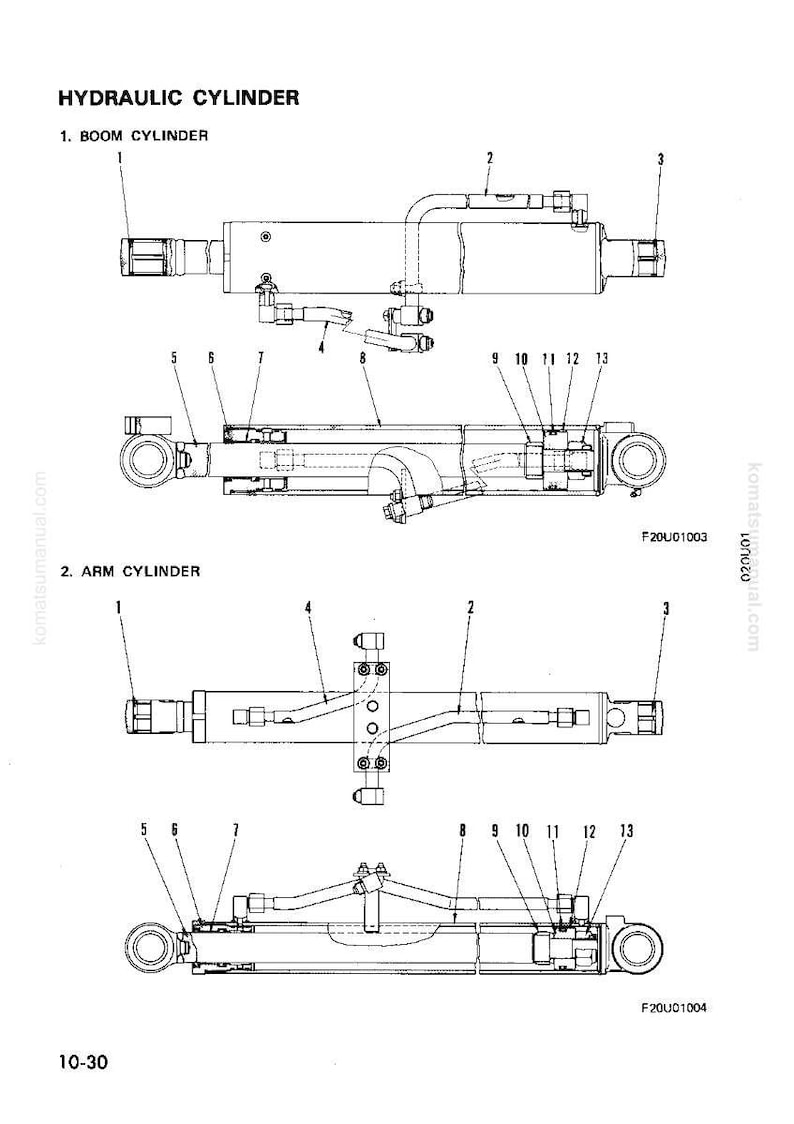 Pode incluir: Diagrama t&eacute;cnico de cilindros hidr&aacute;ulicos, incluindo um cilindro de lan&ccedil;a e um cilindro de bra&ccedil;o. A imagem &eacute; uma ilustra&ccedil;&atilde;o t&eacute;cnica detalhada com r&oacute;tulos e n&uacute;meros, provavelmente de um manual. O texto "HYDRAULIC CYLINDER" est&aacute; no topo.