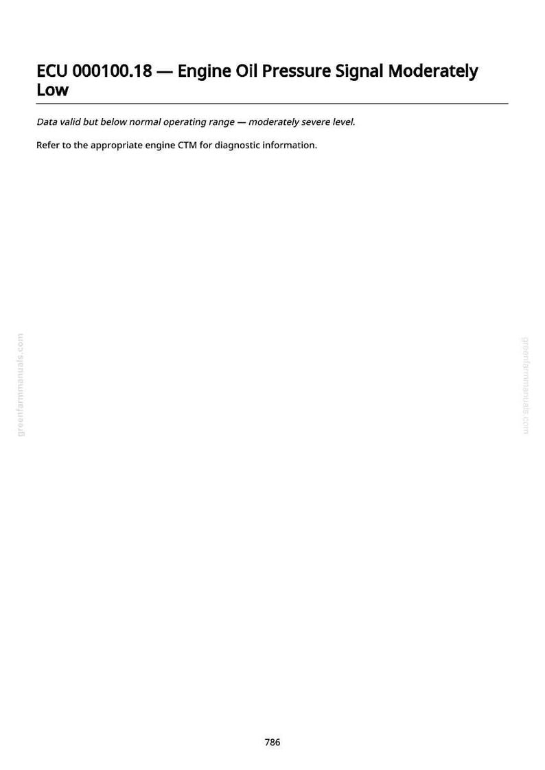 Puede incluir: Una p&aacute;gina blanca con el texto "ECU 000100.18 - Engine Oil Pressure Signal Moderately Low". El texto de abajo dice "Data valid but below normal operating range - moderately severe level."