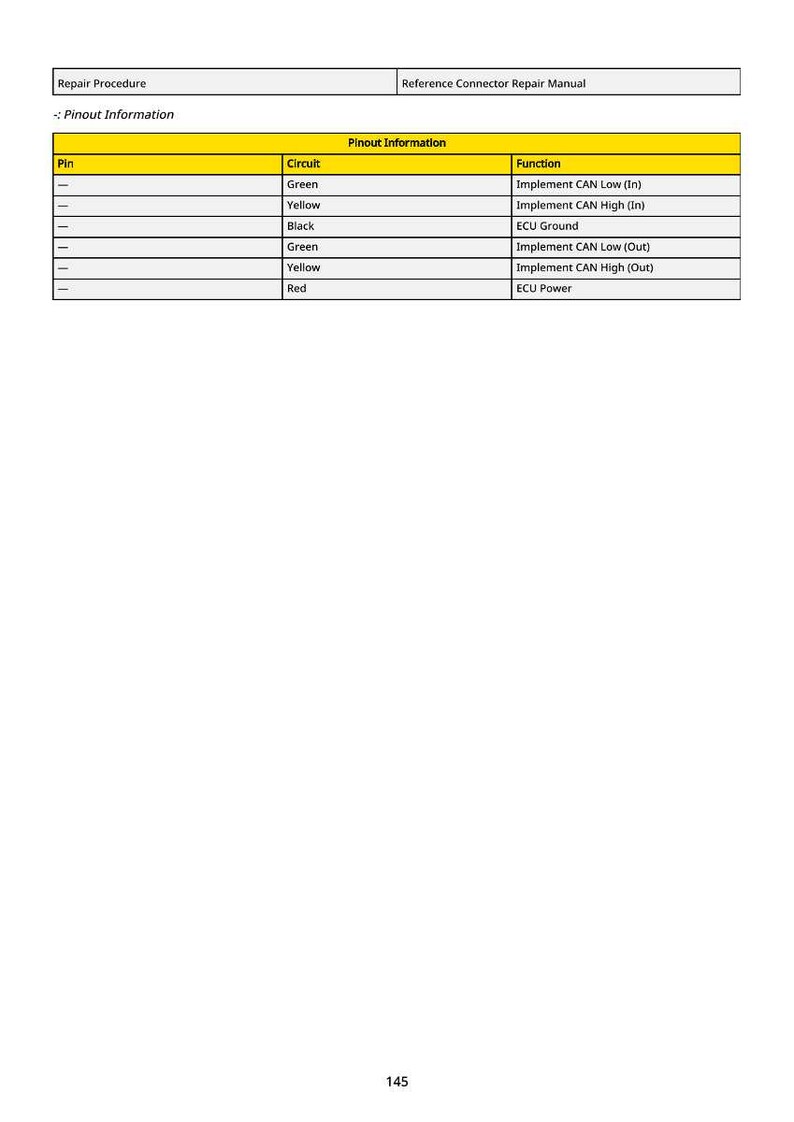 May include: A detailed table with pinout information for a reference connector repair manual. The table includes columns for Pin, Circuit, and Function, with rows detailing specific circuit functions like CAN Low and High.