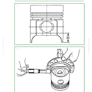 Op de afbeelding: Technische illustratie van een motorzuiger met een diagram dat laat zien hoe de zuigerdiameter te meten. De afbeelding bevat een opmerking over overmaat zuigers en ringen. De tekst luidt: "Meet de zuigerdiameter loodrecht op de zuigerpenboring op afstand A."