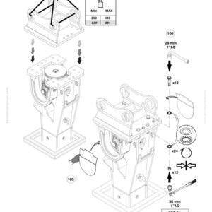 May include: An engineering diagram with multiple components, including a hydraulic hammer and related parts. The diagram includes measurements in inches and foot-pounds, along with a warning symbol and the Komatsu logo.