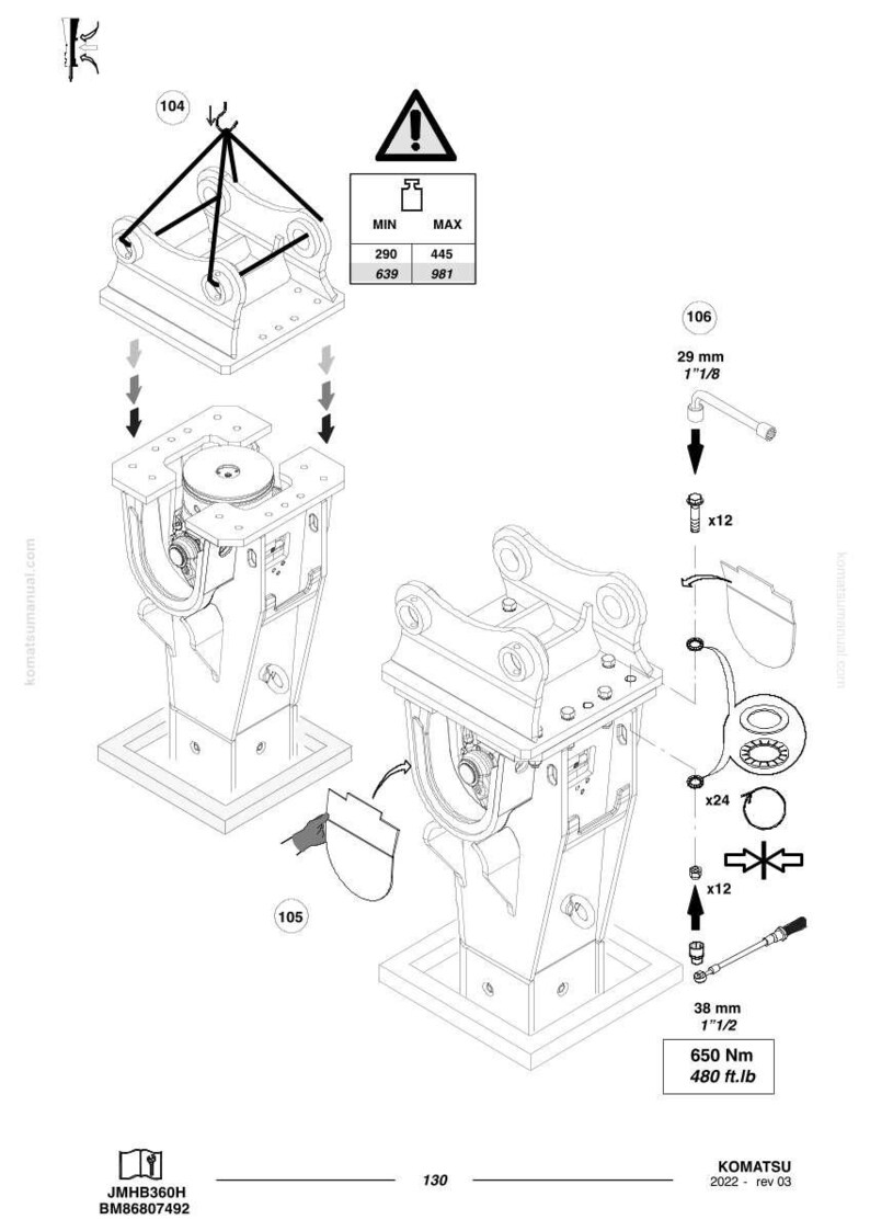 May include: An engineering diagram with multiple components, including a hydraulic hammer and related parts. The diagram includes measurements in inches and foot-pounds, along with a warning symbol and the Komatsu logo.