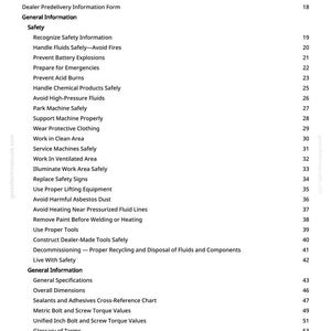 May include: A page from a manual titled "Table of Contents" with a list of safety and general information topics. The text includes sections on safety, including handling fluids, preventing explosions, and using proper tools. The page number is 2.