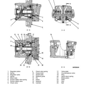 May include: Detailed technical diagram of a travel motor, labeled with various components. The diagram includes cross-sectional views, showing internal parts like pistons, valves, and springs. The text "STRUCTURE AND FUNCTION" is visible.