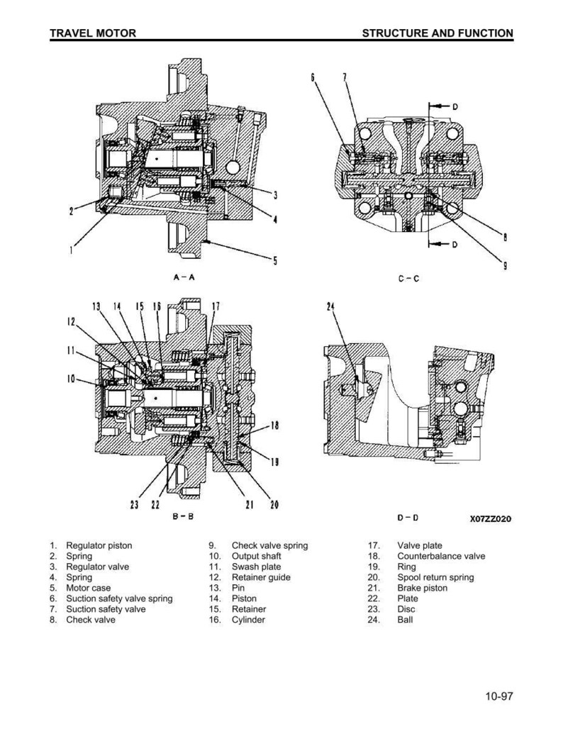 May include: Detailed technical diagram of a travel motor, labeled with various components. The diagram includes cross-sectional views, showing internal parts like pistons, valves, and springs. The text "STRUCTURE AND FUNCTION" is visible.