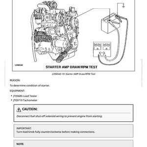 May include: Diagram of a starter amp draw/RPM test setup, including an engine, battery, and gauges. Text includes instructions and safety warnings. The image is a technical illustration for automotive diagnostics.