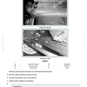 May include: Diagram of vehicle axle components, including cotter pins, braces, and a castle nut. The image includes labels A, B, C, D, E, and F, with a legend explaining each part. Text includes instructions for removal and installation.