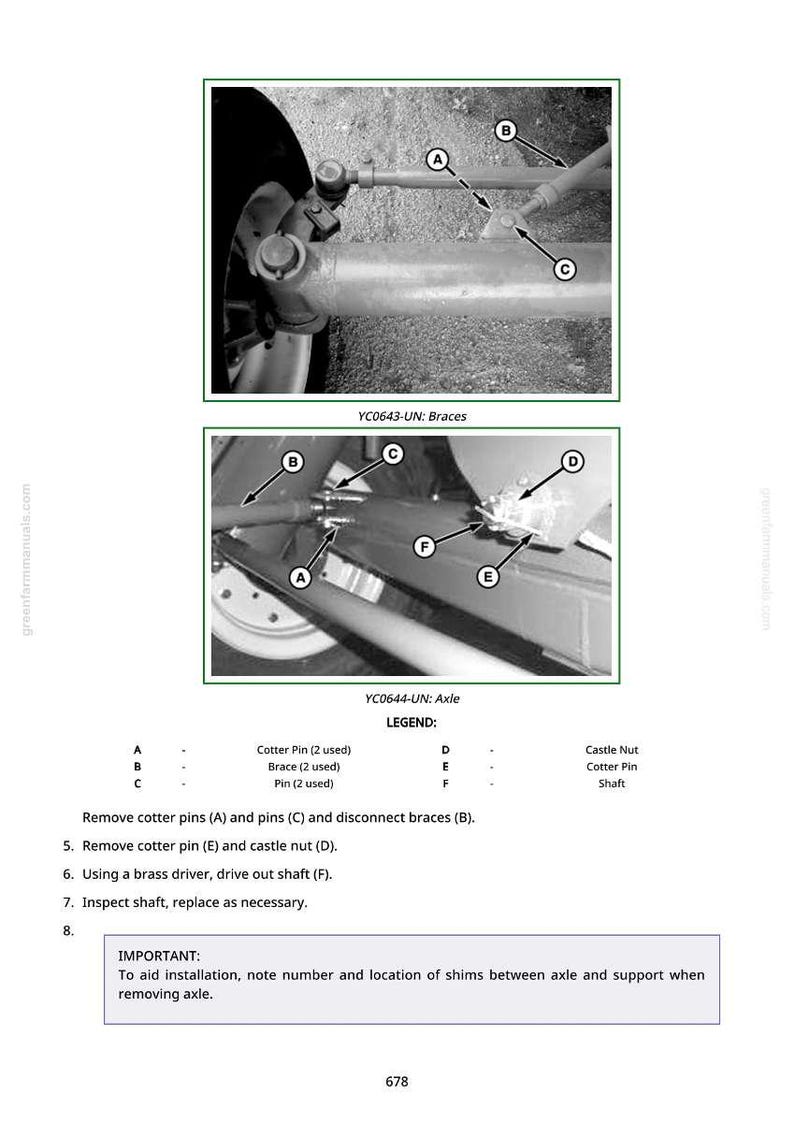 May include: Diagram of vehicle axle components, including cotter pins, braces, and a castle nut. The image includes labels A, B, C, D, E, and F, with a legend explaining each part. Text includes instructions for removal and installation.