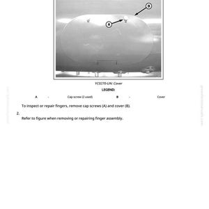 May include: Diagram of a repair finger assembly with labels and arrows. The image includes a cover, cap screws, and text indicating the steps for inspection and repair. The text reads "Repair Finger Assembly" and "YC0270-UN: Cover."