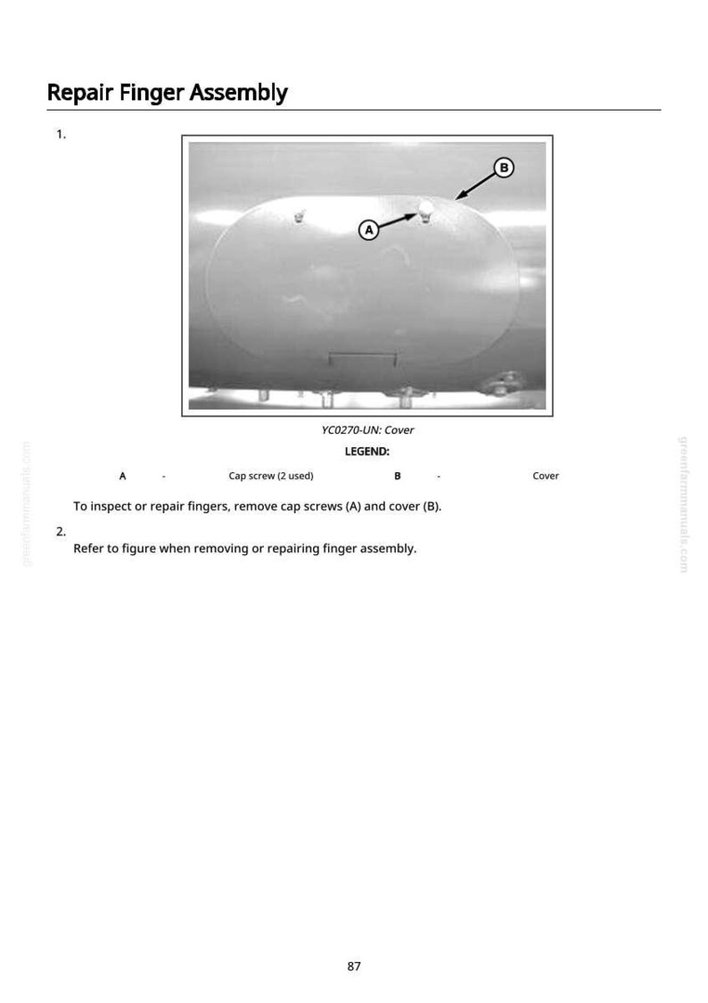 May include: Diagram of a repair finger assembly with labels and arrows. The image includes a cover, cap screws, and text indicating the steps for inspection and repair. The text reads "Repair Finger Assembly" and "YC0270-UN: Cover."