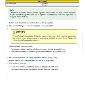 Puede incluir: Una p&aacute;gina de manual titulada "Extracci&oacute;n e instalaci&oacute;n de la bomba hidr&aacute;ulica". Incluye especificaciones de par de tornillo de tapa, una nota sobre modelos de m&aacute;quinas e instrucciones numeradas con advertencias de seguridad. Fondo blanco.
