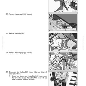 May include: Diagram from a manual detailing the removal and installation of AdBlue/DEF hoses. The image features numbered steps with illustrations, including removing clamps and disconnecting hoses. Text includes "50 DISASSEMBLY AND ASSEMBLY".