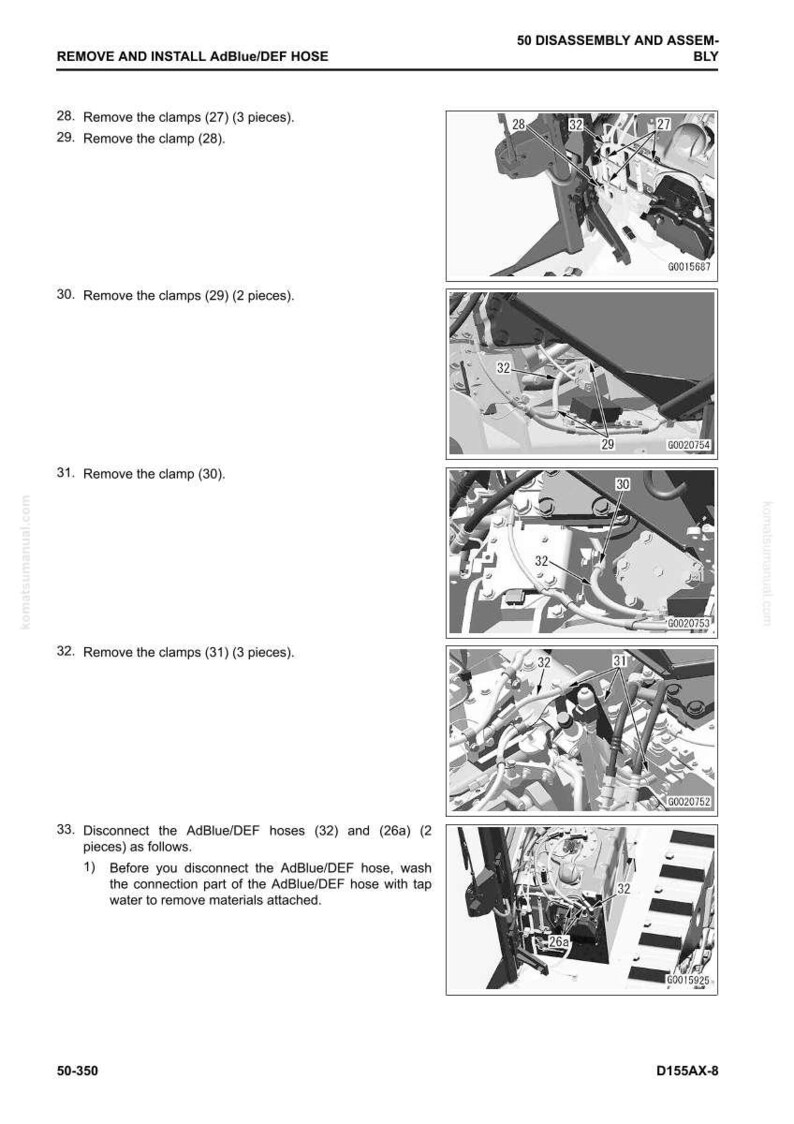 May include: Diagram from a manual detailing the removal and installation of AdBlue/DEF hoses. The image features numbered steps with illustrations, including removing clamps and disconnecting hoses. Text includes "50 DISASSEMBLY AND ASSEMBLY".
