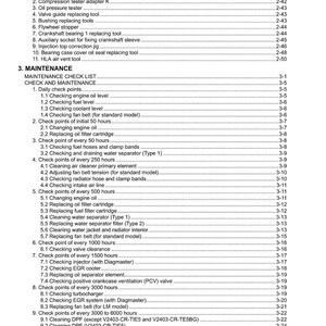 May include: A maintenance checklist for a V2403-CR-TE5BG engine, detailing daily, 50-hour, 250-hour, 500-hour, 1000-hour, 1500-hour, and 3000-hour check points. Includes a list of special tools.