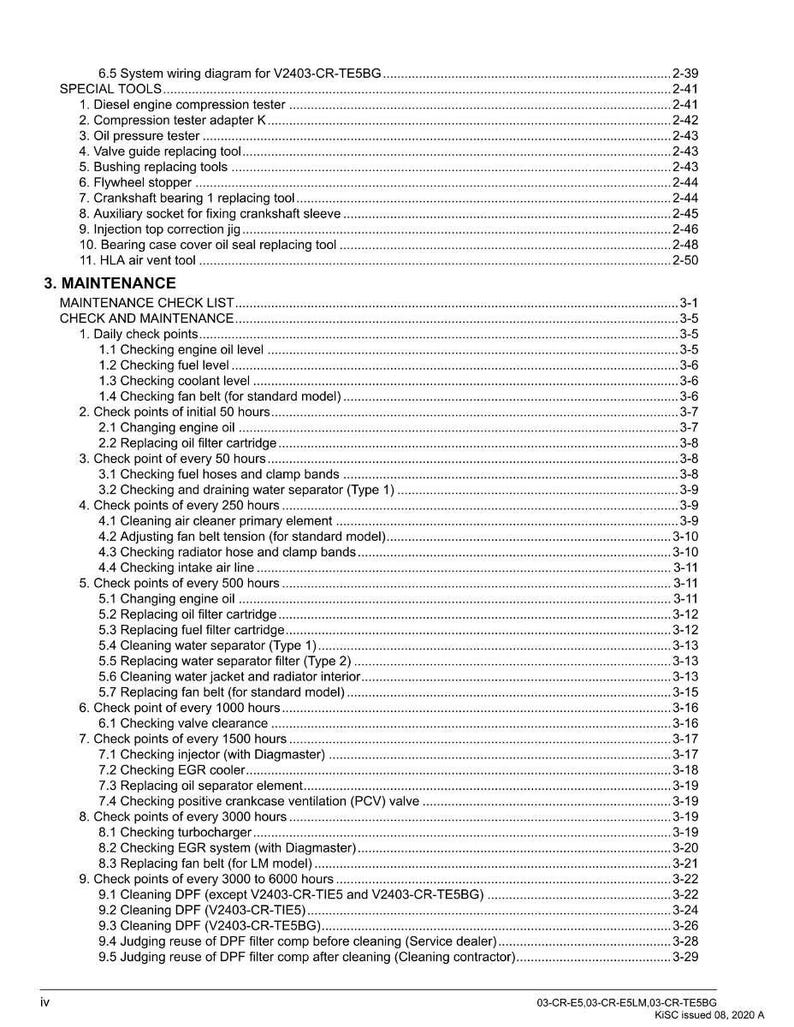 May include: A maintenance checklist for a V2403-CR-TE5BG engine, detailing daily, 50-hour, 250-hour, 500-hour, 1000-hour, 1500-hour, and 3000-hour check points. Includes a list of special tools.