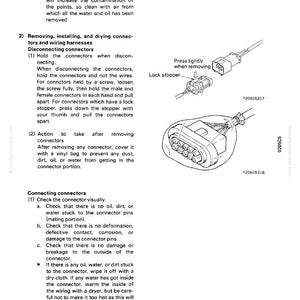 May include: Diagram from a manual showing steps for disconnecting and connecting electrical connectors. Includes illustrations of connectors, lock stoppers, and text instructions. The page is from a Komatsu manual.