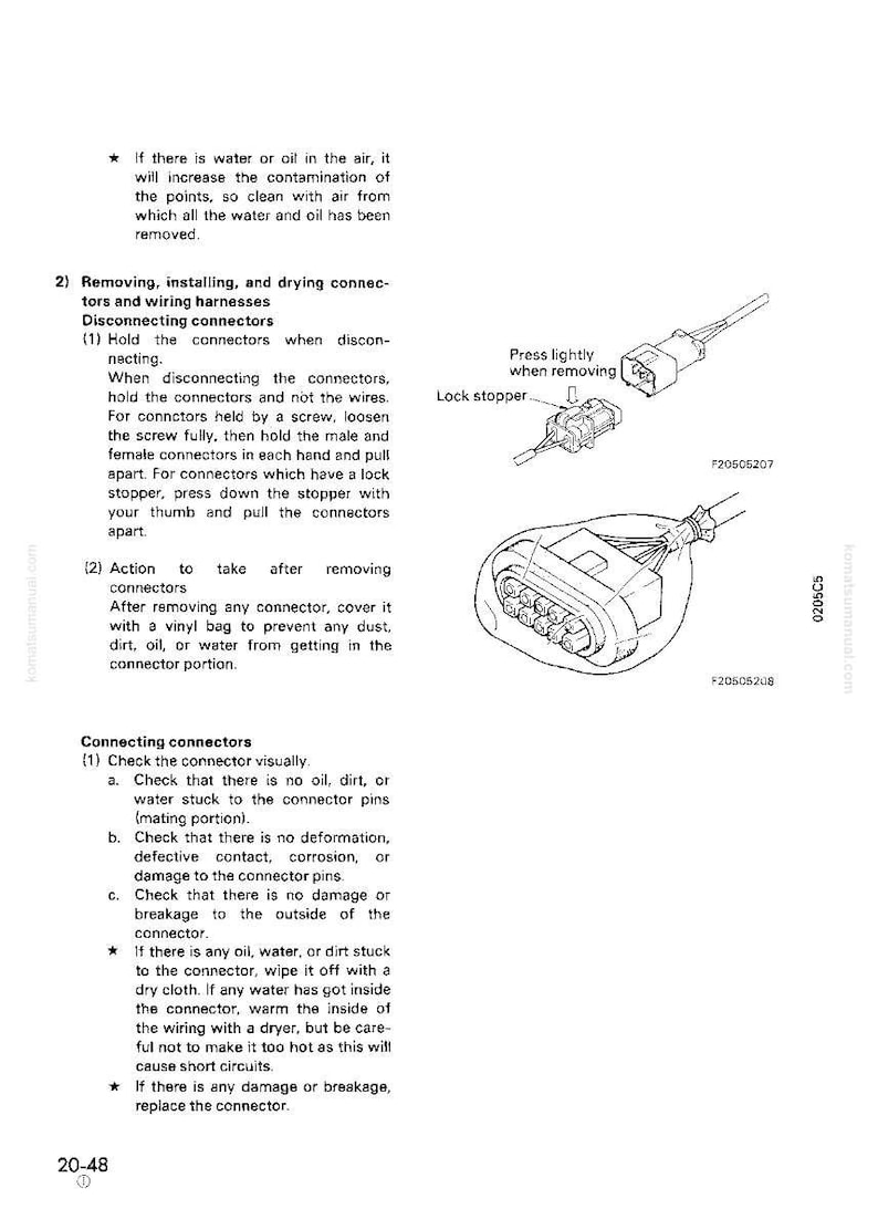 May include: Diagram from a manual showing steps for disconnecting and connecting electrical connectors. Includes illustrations of connectors, lock stoppers, and text instructions. The page is from a Komatsu manual.